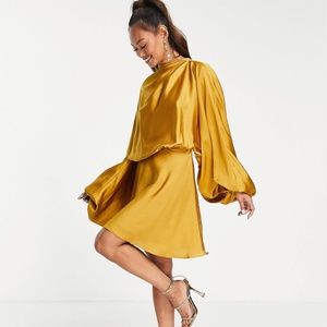 ASOS DESIGN blouson sleeve satin mini dress with open back in gold size 12
